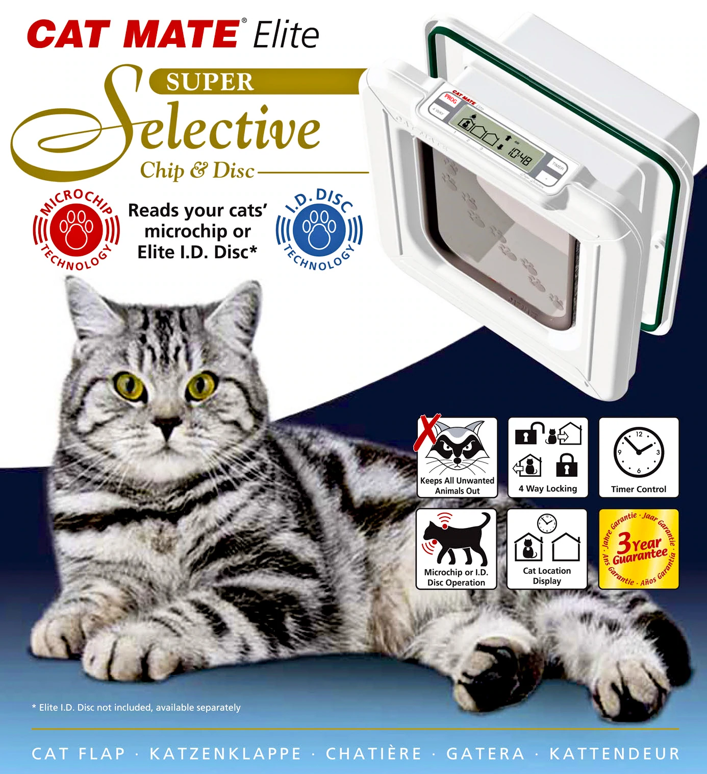 Cat Mate Elite Microchip Pet Door with Timer Control， LCD Display， 4-Way Locking Options， Durable Polymer Construction， for Entry Control