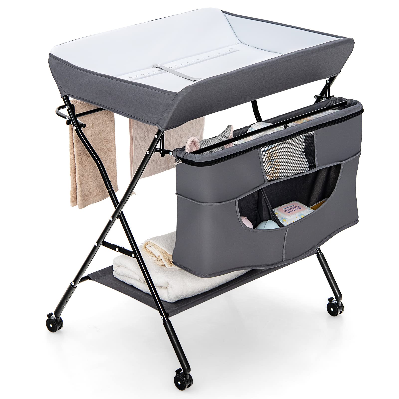 Costzon Portable Baby Changing Table, Height Adjustable Mobile Nursery Station with Waterproof Surface