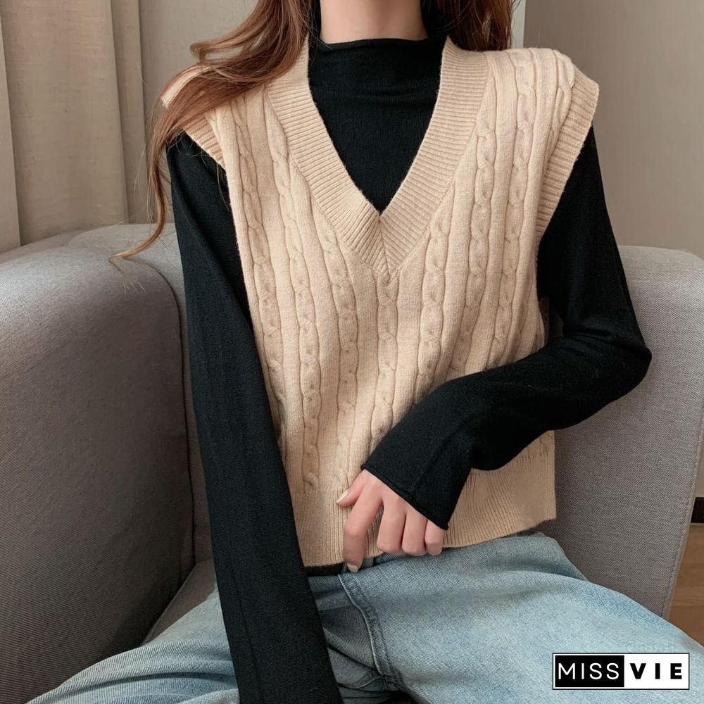 Oversized Cable Knit V Neck Knitted Tank Top Sweater