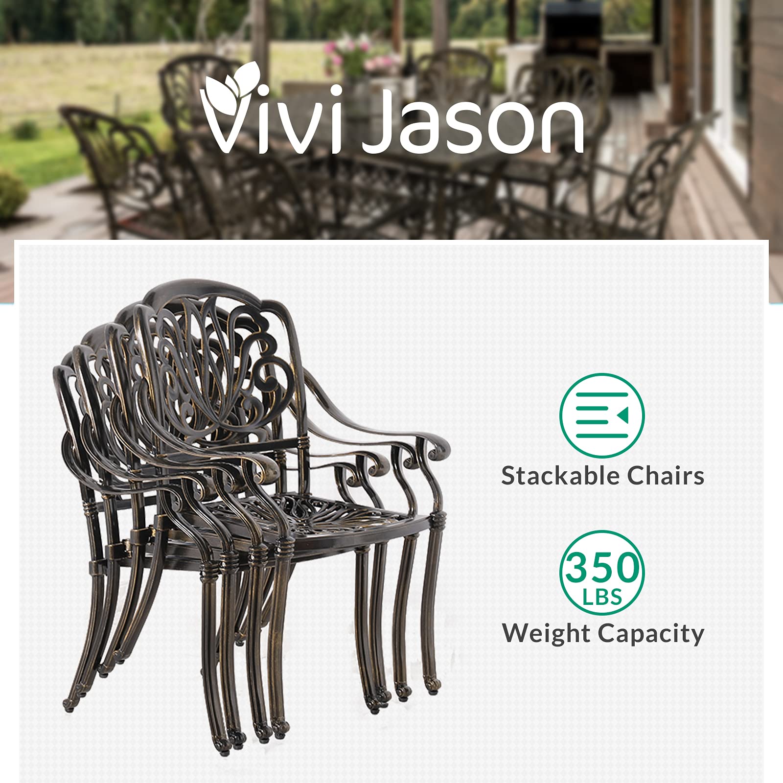 VIVIJASON 7-Piece Patio Furniture Dining Set, All-Weather Cast Aluminum Outdoor Conversation Set, Include 6 Chairs and a Rectangle Table with Umbrella Hole for Balcony Lawn Garden Backyard