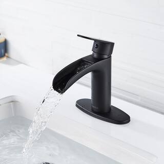 FORIOUS Waterfall Single Handle Bathroom Faucet with Metal Pop-Up Drain Bathroom Sink Faucet Matte Black in Bathroom HH0302BD