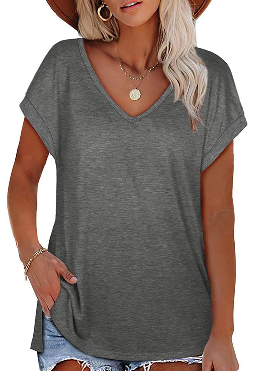 V-neck Casual Loose Solid Color Short-sleeved T-shirt