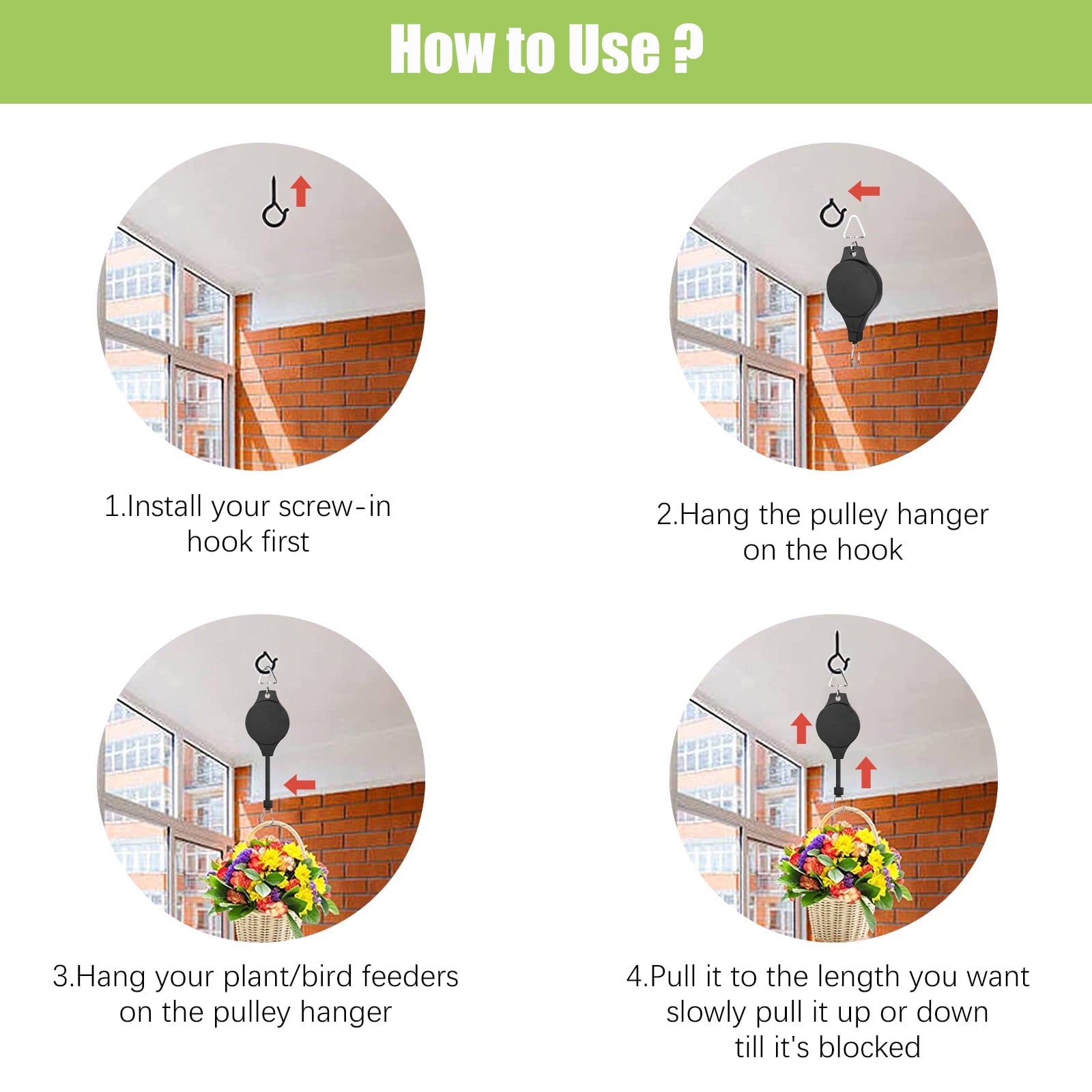 EEEkit 4pcs Plant Pulley Hanger Retractable Hanging Planters Garden Basket Hook for Bird Feeders Flower Pot, Black