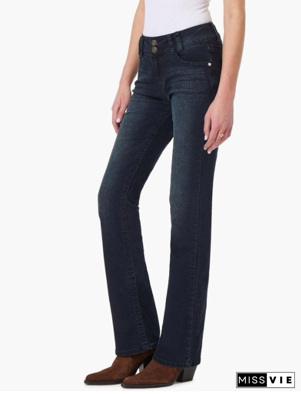 Washed Embroidery Flap Pocket Mid Waist Bootcut Jeans