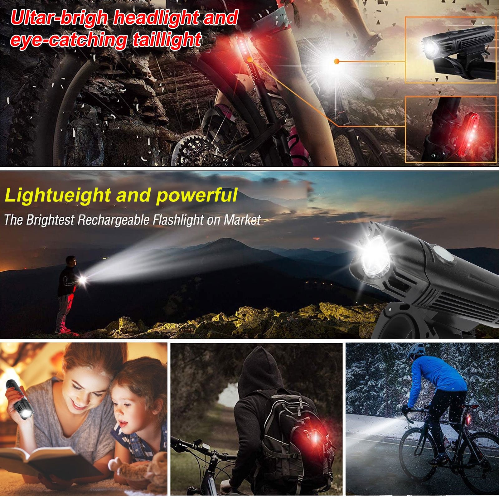 EEEkit 300LM USB Rechargeable Bike Light， 4 Modes Super Bright Bicycle Lights Front Light， Waterproof Bike Headlight Taillight Set， Cycling Flashlight for Night Riding Hiking Camp