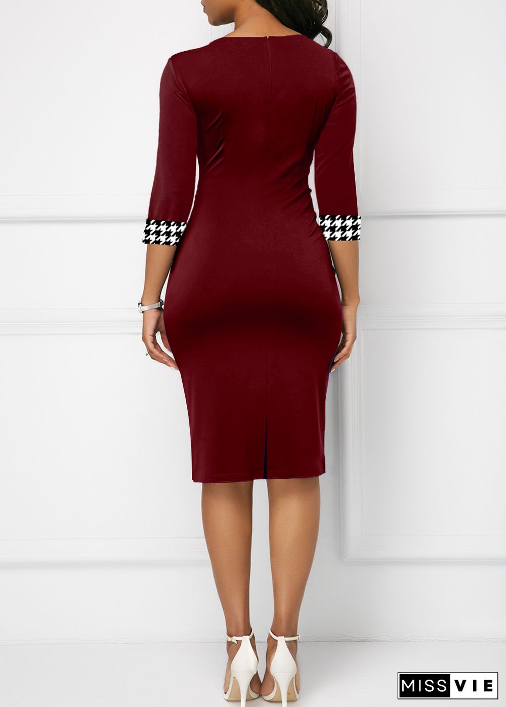 Houndstooth Print Bowknot Bodycon Dress