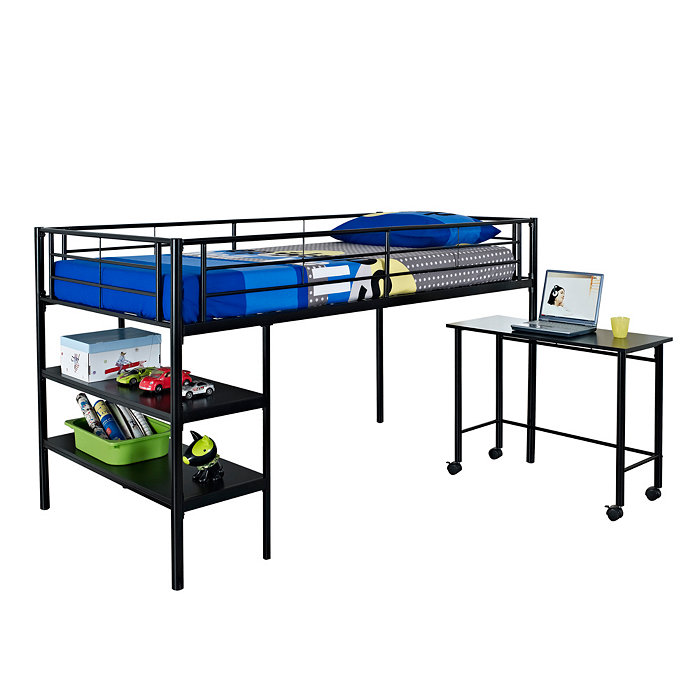 Walker Edison Premium Metal Twin Low Loft Bed with Desk - Black