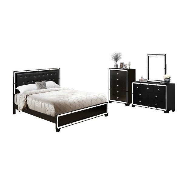 4-Piece Bedroom Set - Light Up headboard - King Size Bed - Dresser Bedroom - Mirror - Chest - Black Faux Leather Headboard - - 34142363