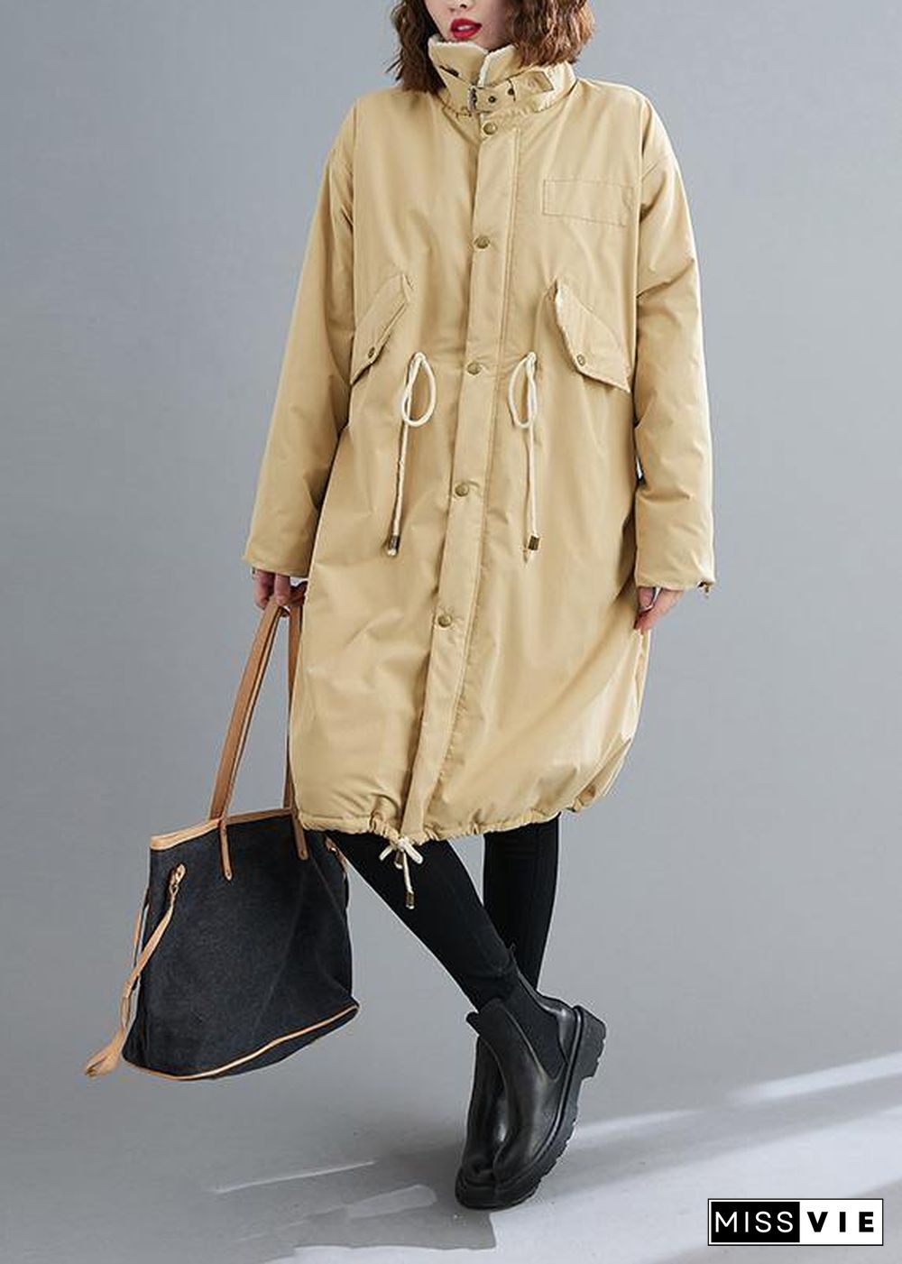 Fashion Loose fitting mid-length coats khaki Square Collar drawstring Woolen Coats