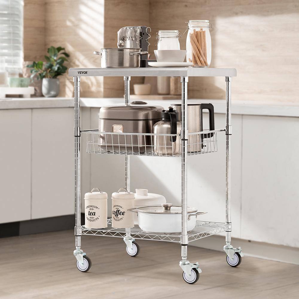 VEVOR 3-Tiers Kitchen Utility Cart 20 in. Wire Rolling Cart with Wheels Metal Storage Trolley with 6 Hooks Kitchen CartSilver LLCFTCCB20X24IGJ4V0