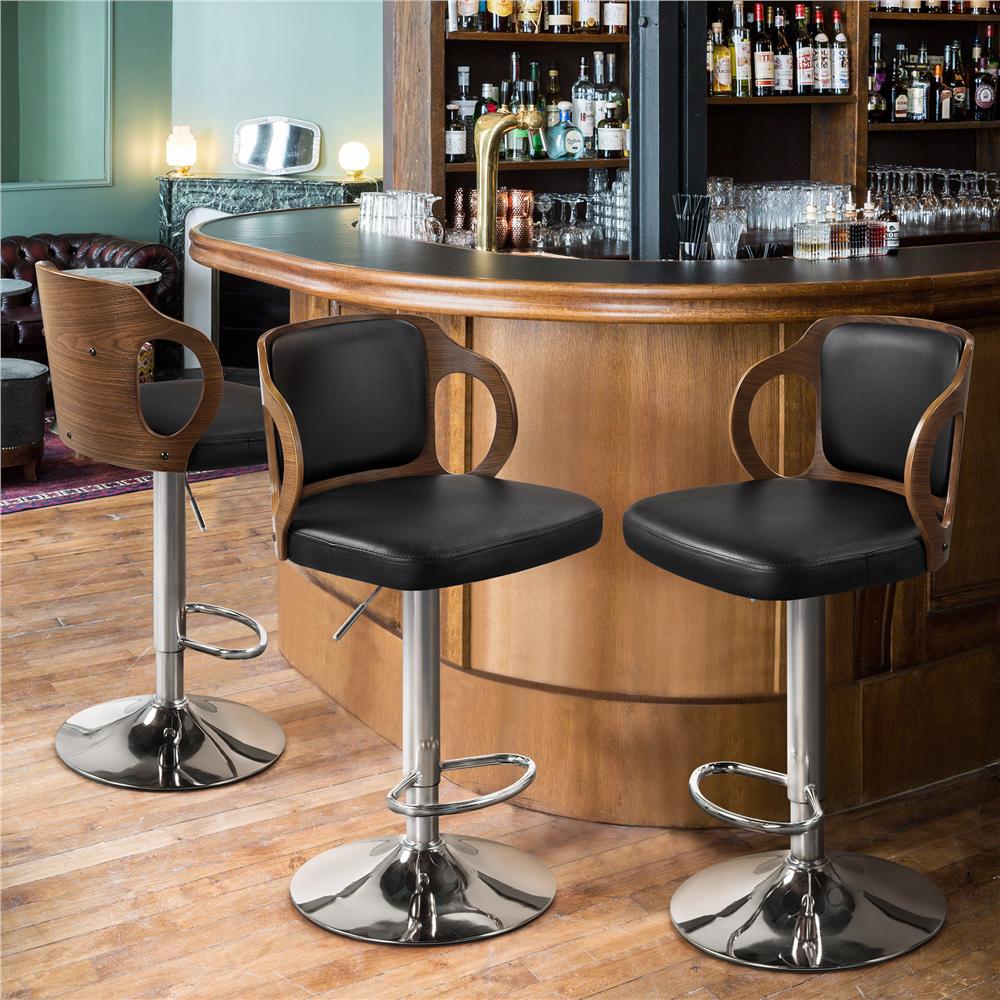 SmileMart Adjustable Walnut Bentwood Faux Leather Bar Stool for Kitchen Counter Home Bar Pub， Black