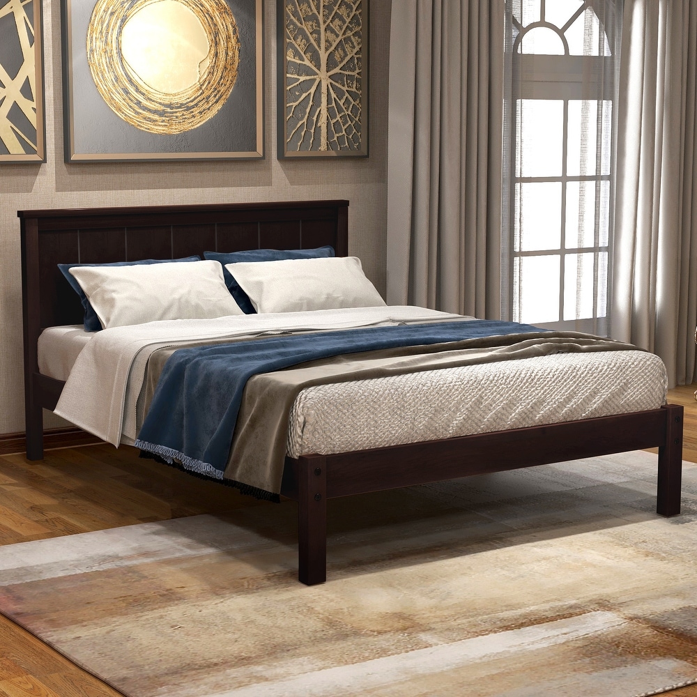 Modern   Rustic Wooden Platform Bed with Headboard  Solid Wood Bedframe with Wood Slat Support  Space Saving/No Box Spring Need