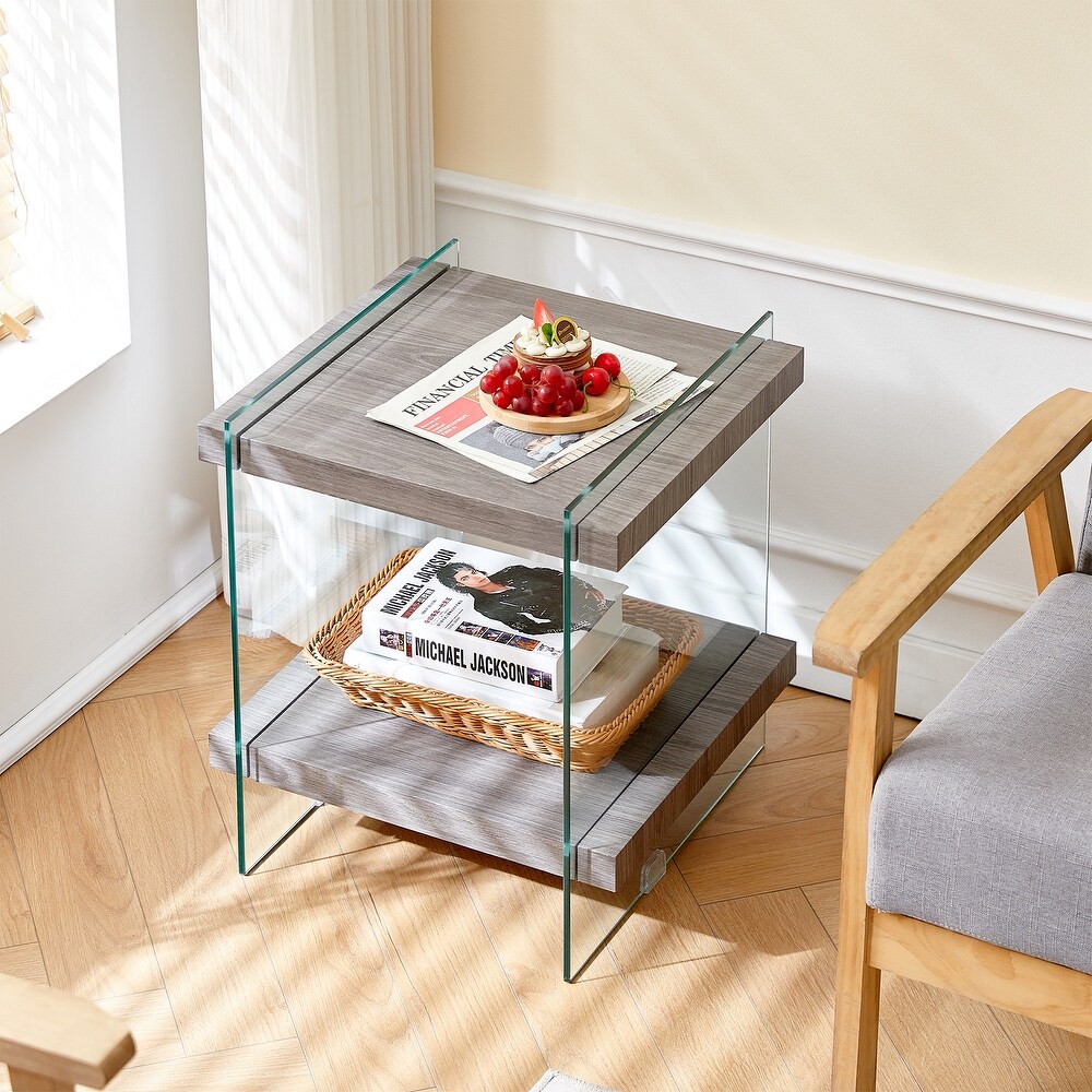 2 Tier Square Clear Sofa Side Table with Dual Shelves Modern Glass Nightstand End Table Side Table for Living Room  Bedroom