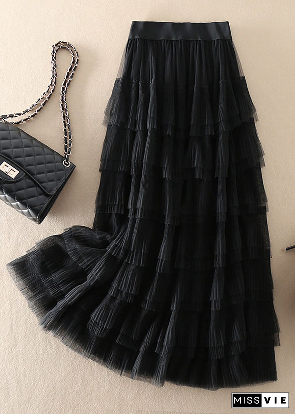 Organic Black elastic waist wrinkled Tulle Skirts Spring