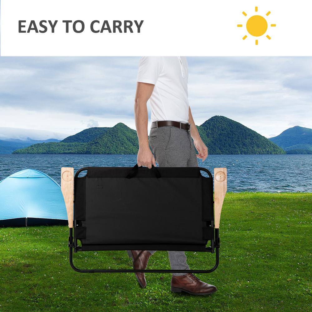 Outsunny Double Black Folding Chair Loveseat Camping Chair for 2-People Portable Outdoor Chair with Wooden Armrests 84B-859BK