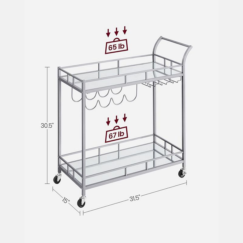 Home Bar Serving Cart， Wine Cart with 2 Mirrored Shelves， Wine Holders， Glass Holders， for Kitchen