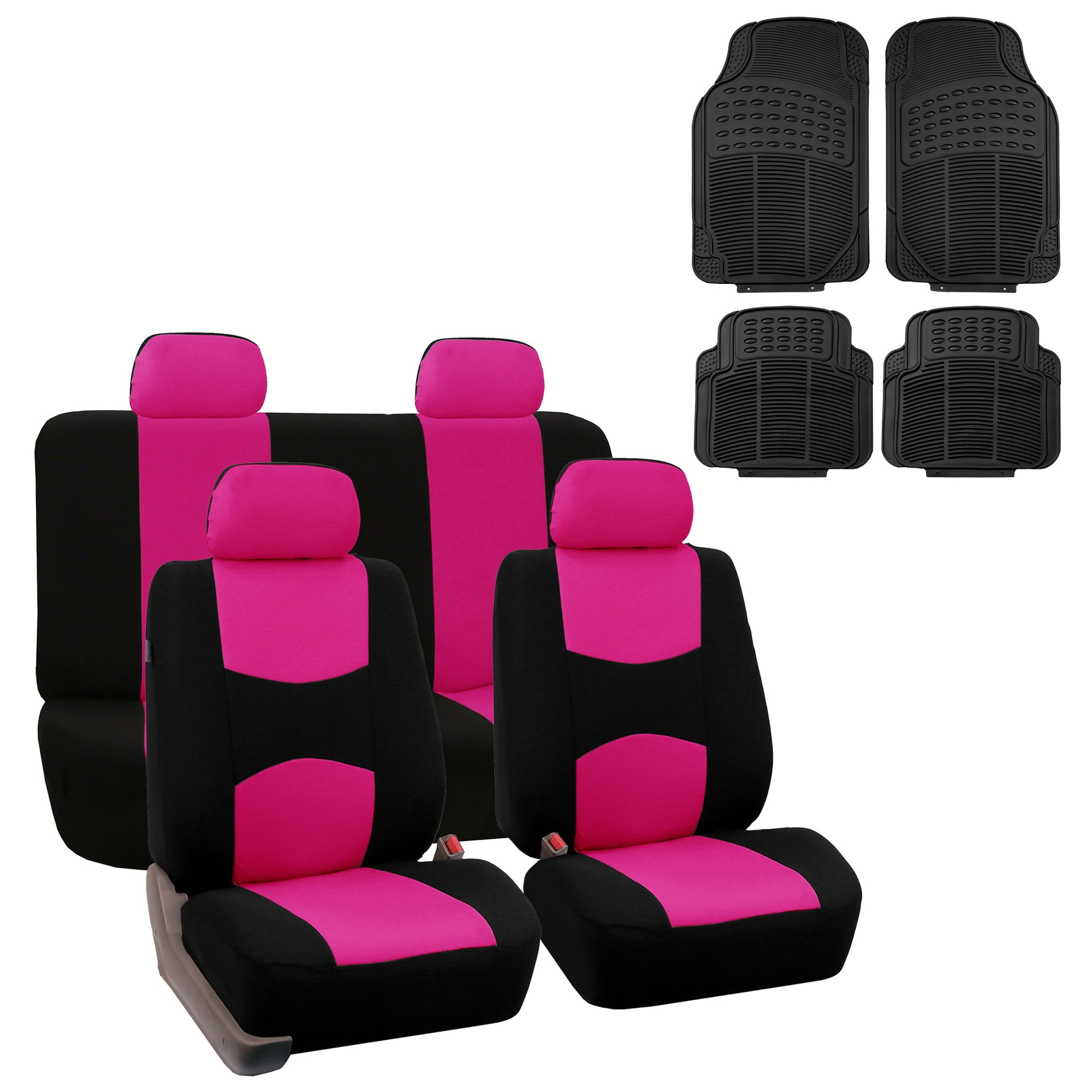 FH Group Cloth Solid Bench Seat Cover， Full Set with Black Heavy Duty Floor Mats， Pink Black