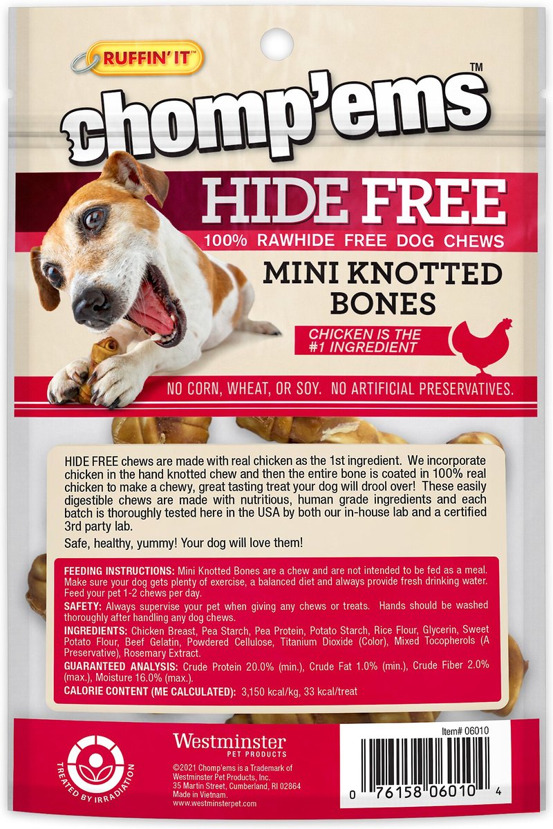 RUFFIN' IT Chomp'Ems Hide-Free Chicken Mini Knot Bones Dog Treats， 10 count