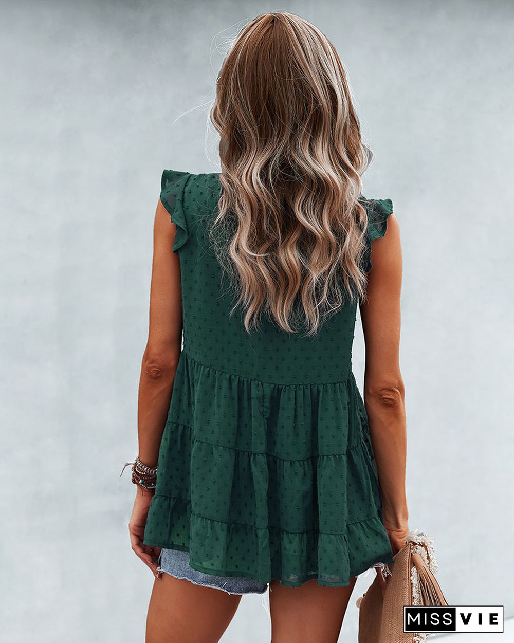 Ruffle Cap Sleeve V Neck Swiss Dot Tank Tops