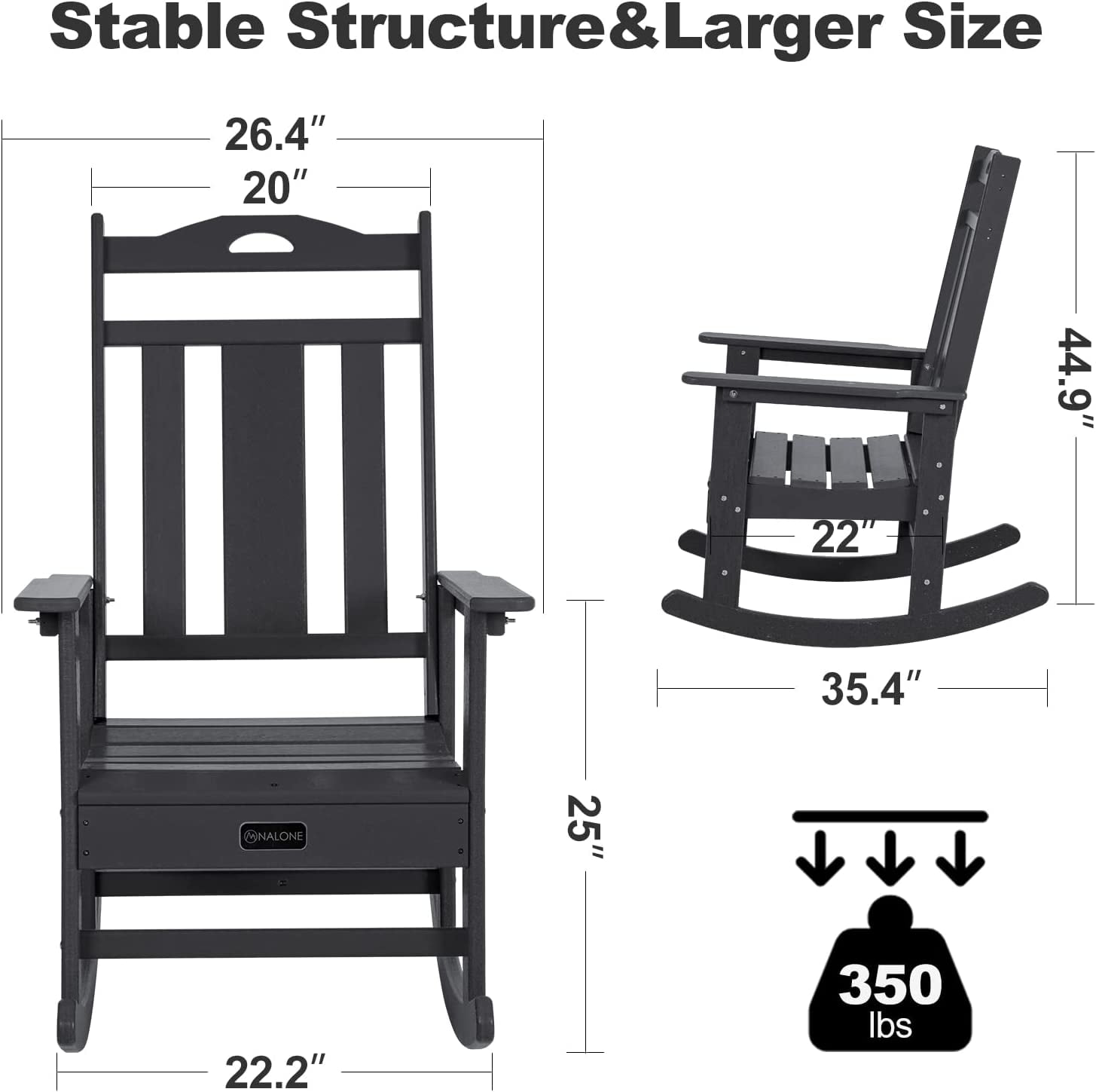 NALONE Outdoor Rocking Chair Set of 2, All Weather Resistant Rocking Chair for Porch and Garden Lawn, HDPE Material Oversized Patio Rocker Chair for Outdoor Rockers(Black)