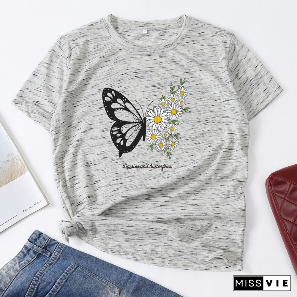 Summer Women Casual Short Sleeve T-shirt Butterfly Flower Print Female Fashion Graphic T Shirt Ladies Daily Loose O-Neck Tee Top