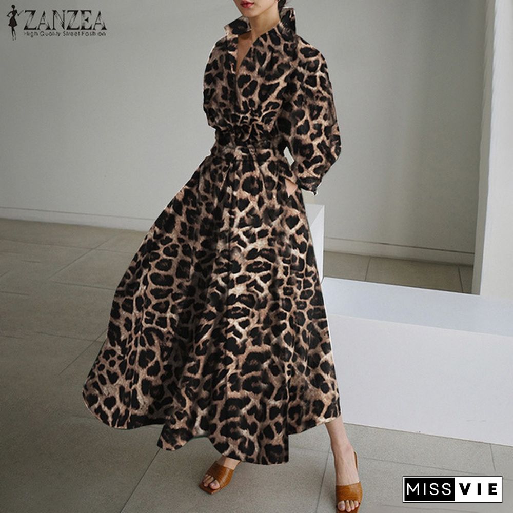 Women Bohemian Leopard Print Maxi Dress Elegant Full Sleeve Casual Swing Mid-Calf Length Sundress