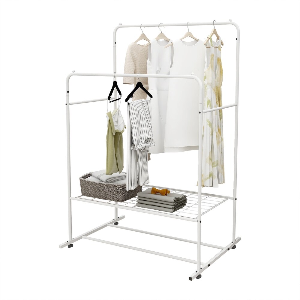 Garment Rack Freestanding Hanger with Double Rods Clothing Rack Shoe Storage Shelf Coat Hanger for Bedroom Entrance  White