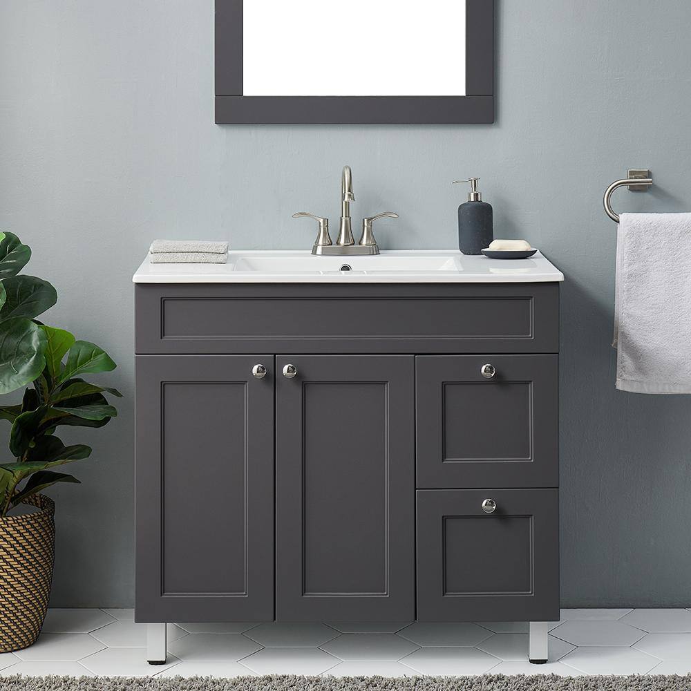 VC CUCINE 35 in. W x 18 in D. x 32 in. H Bathroom Vanity in Gray with White Ceramic Top HESEBC047-ZC90E-3