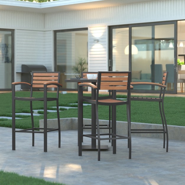 Emma And Oliver All weather Bar Height Dining Stool With Armrests Polyresin Slats And Aluminum Frame