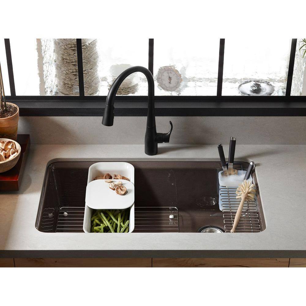 KOHLER Riverby Undermount Cast-Iron 33 in. 5-Hole Single Bowl Kitchen Sink Kit with Accessories in Biscuit K-5871-5UA3-96