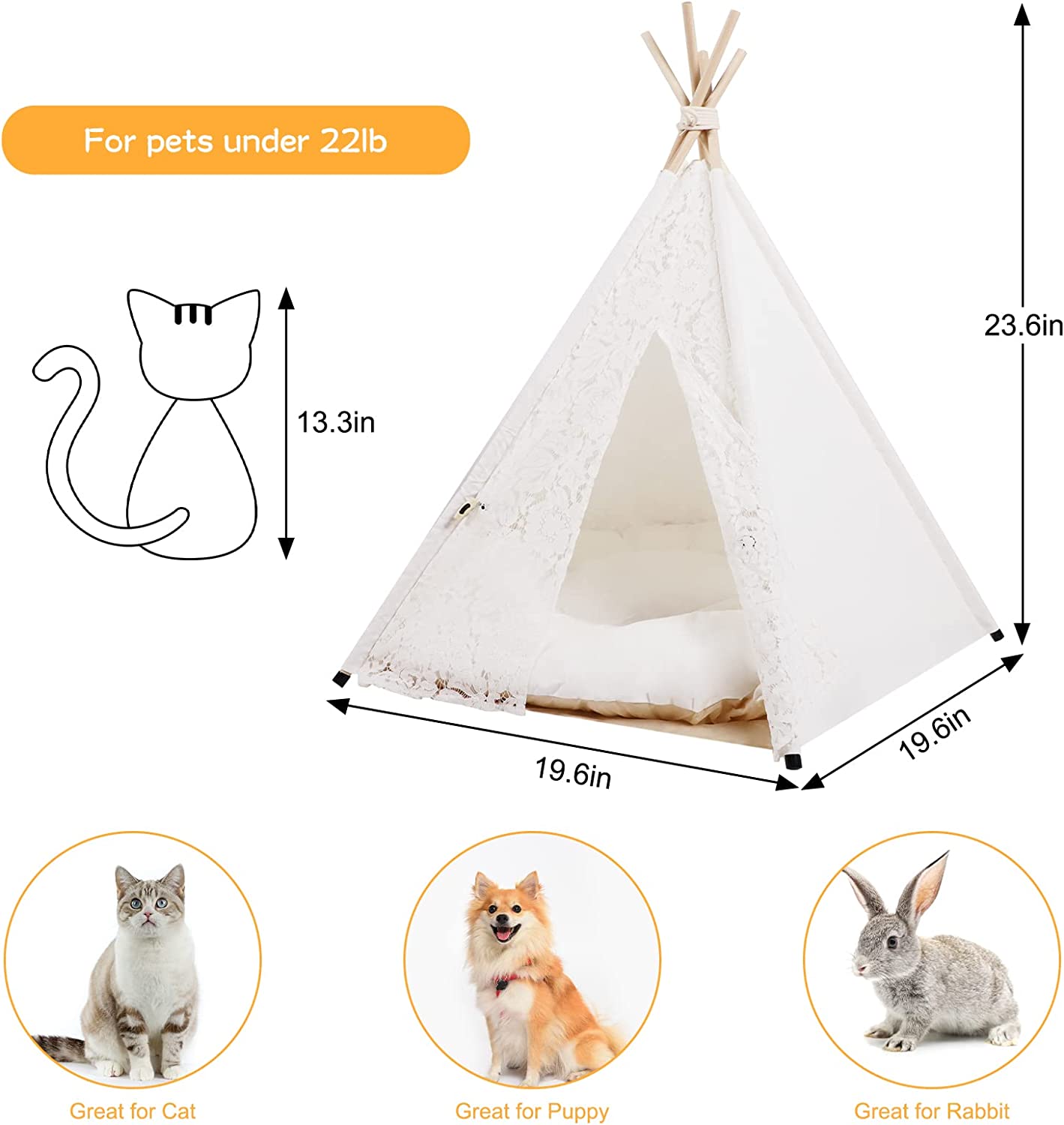 Cat Dog House with Cushion for Medium and Large Pet Outdoor Indoor Washable Foldable Portable Houses Lace Style Pet Teepee Tent m