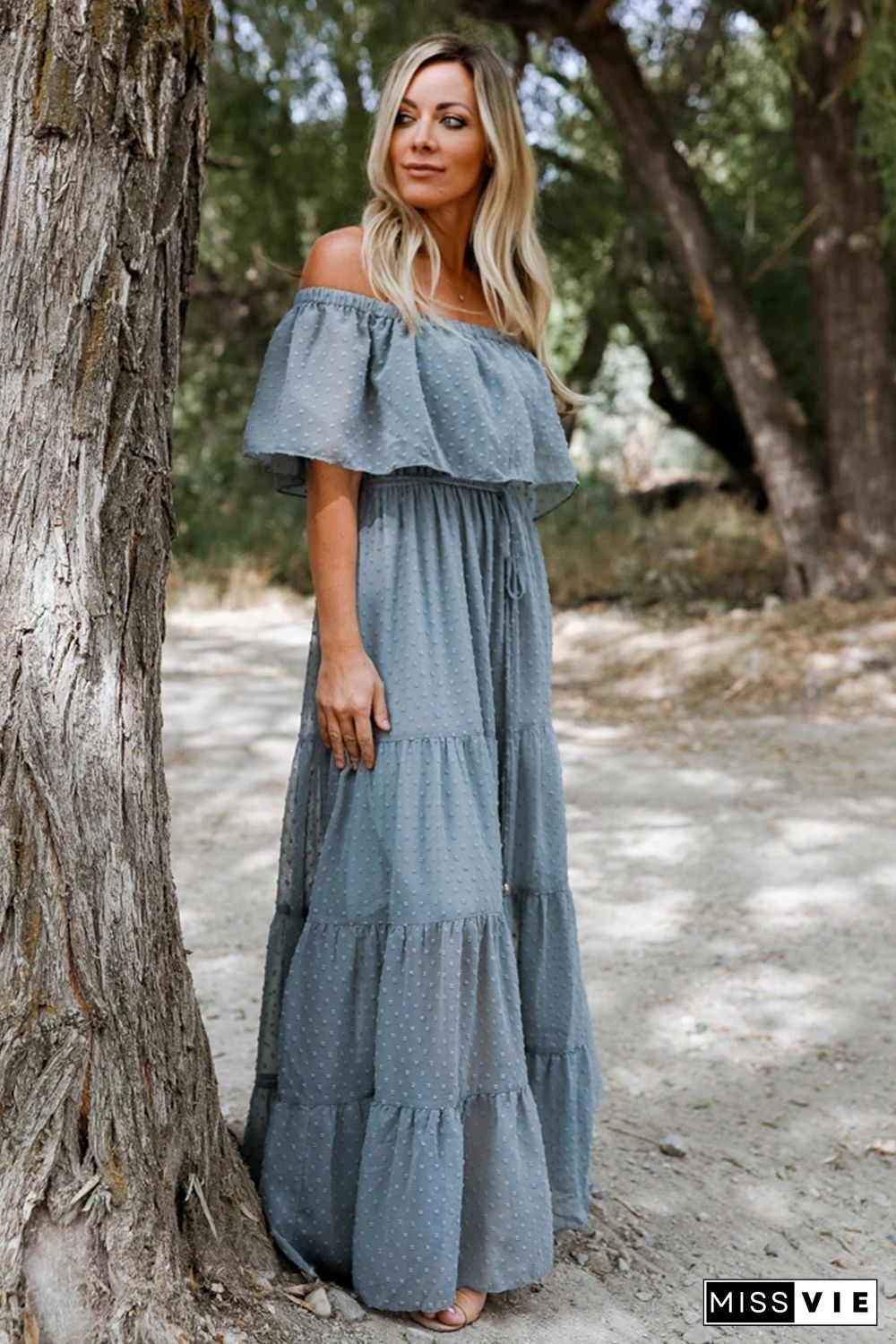 Sky Blue Off Shoulder Ruffle Swiss Dot Maxi Dress