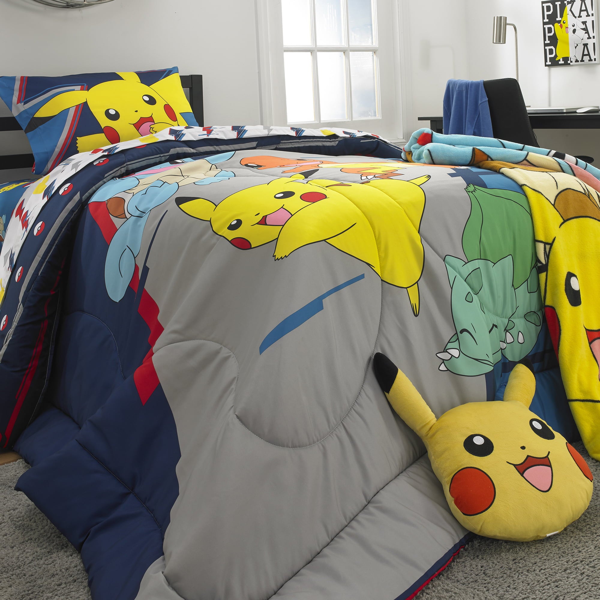 Pokémon Kids Comforter and Sham， 2-Piece Set， Twin/Full， Gaming Bedding， Reversible， Blue and Gray