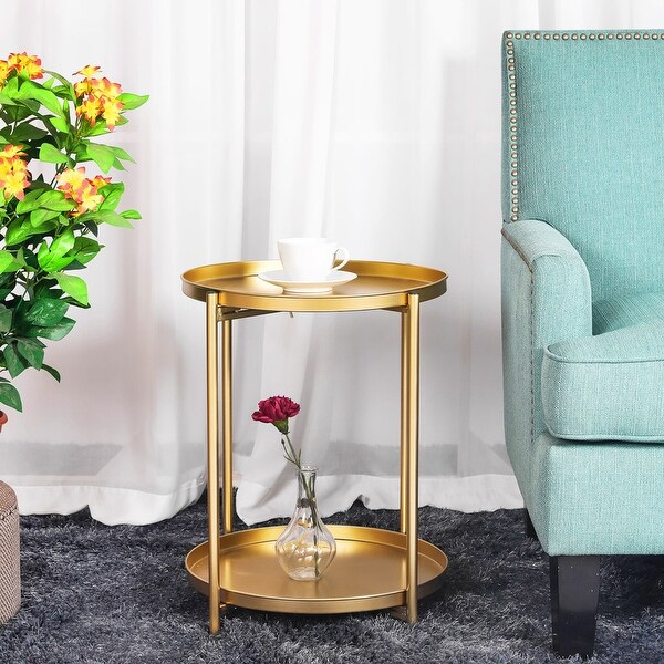 Adeco Side Table 2-Tier Metal Round End Table with Removable Tray - 17.5