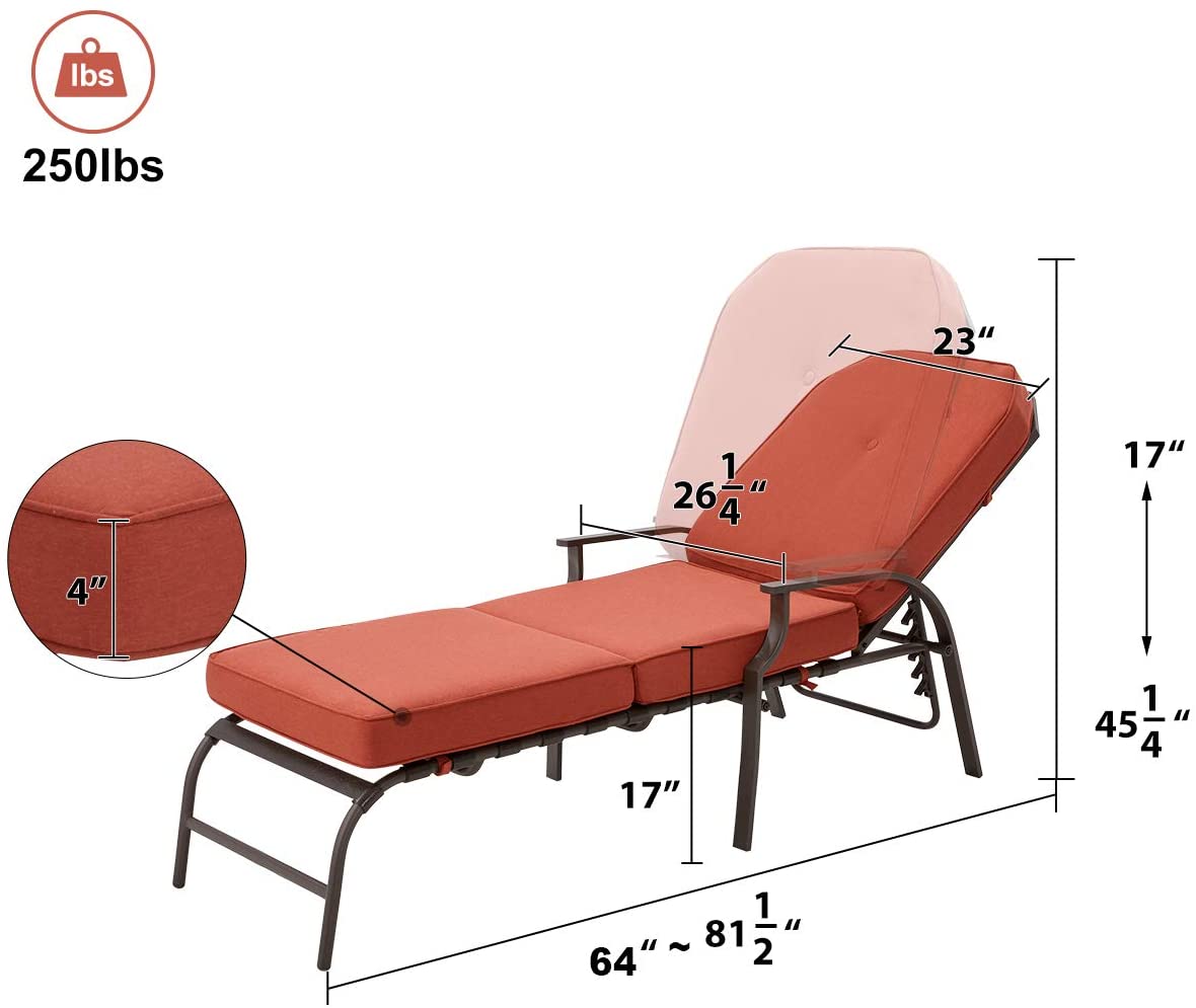 YODOLLA Adjustable Patio Lounge Chair with Thick Cushion Outdoor Chaise Lounge Recliner, Red