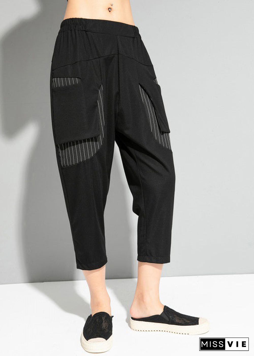 Fine Black Striped Patchwork Pockets Elastic Waist Crop Pants Summer