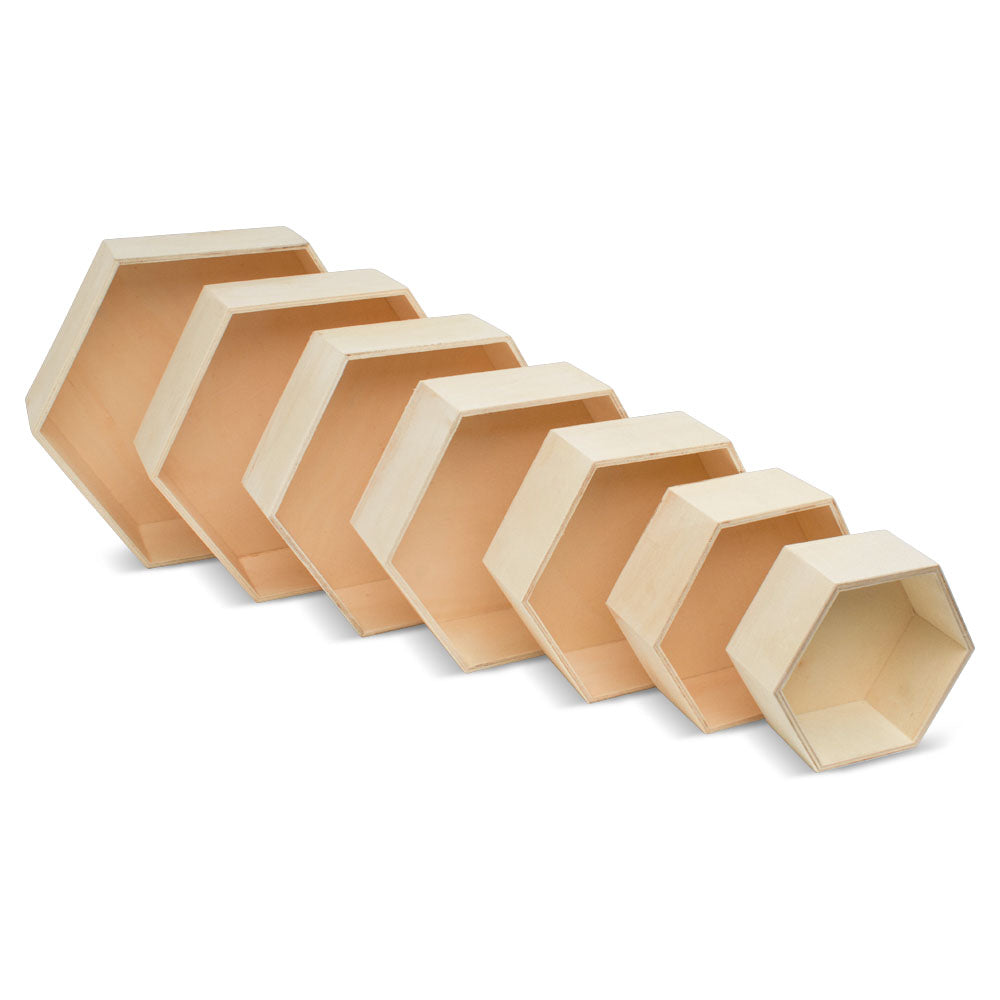 Wooden Hexagon Floating Shelves with Backs, 10 Sets of 7, Unfinished for Crafts and DIY Wall Décor: Modern, Geometric, Rustic, or Honeycomb, by Woodpeckers