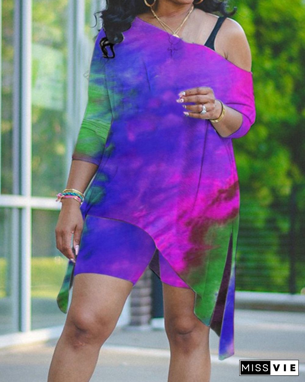 Tie Dye Slash Neck Asymmetrical Split Top & Shorts Set