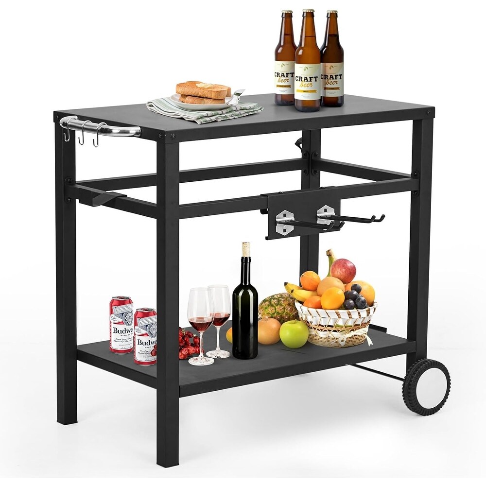 Outdoor Grill Cart Pizza Oven Stand  BBQ Prep Table with Wheels   Hooks  Side Handle