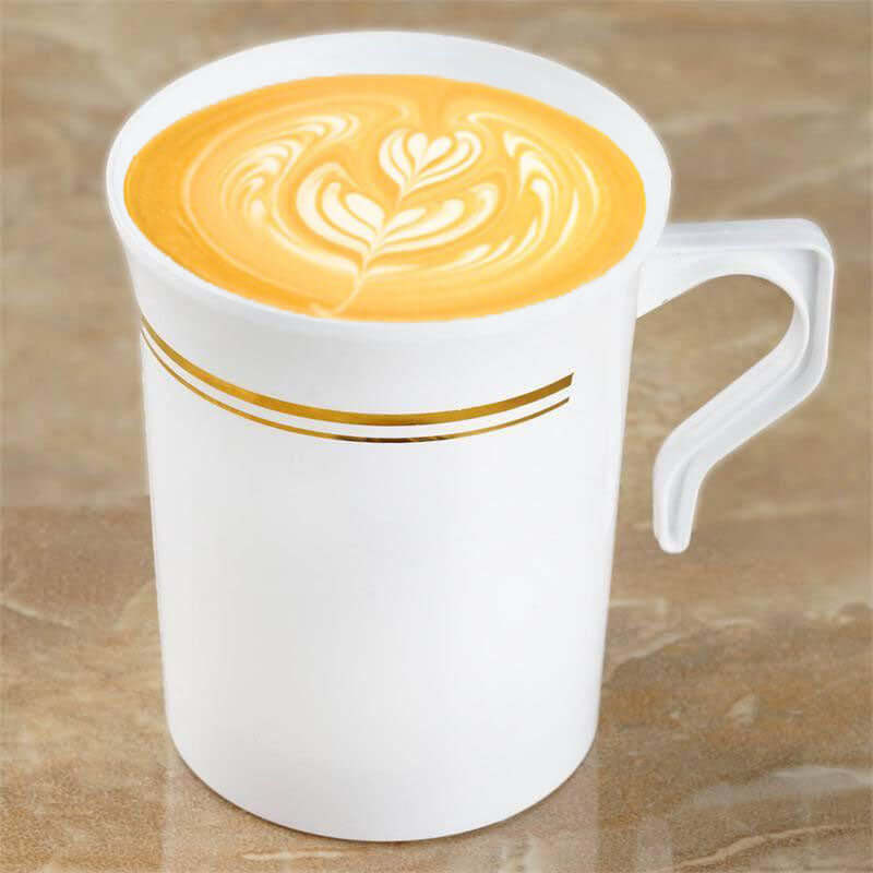 8 Pack White / Gold Tres Chic Collection Plastic Coffee Cups, Disposable Tea Cups 8oz