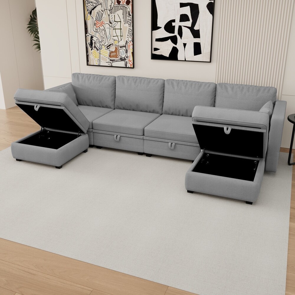 6 Piece Modular U Shaped Sectional Sofa  Linen Fabric Couch with Reversible Chaise and Storage Ottomans  Living Room Furniture