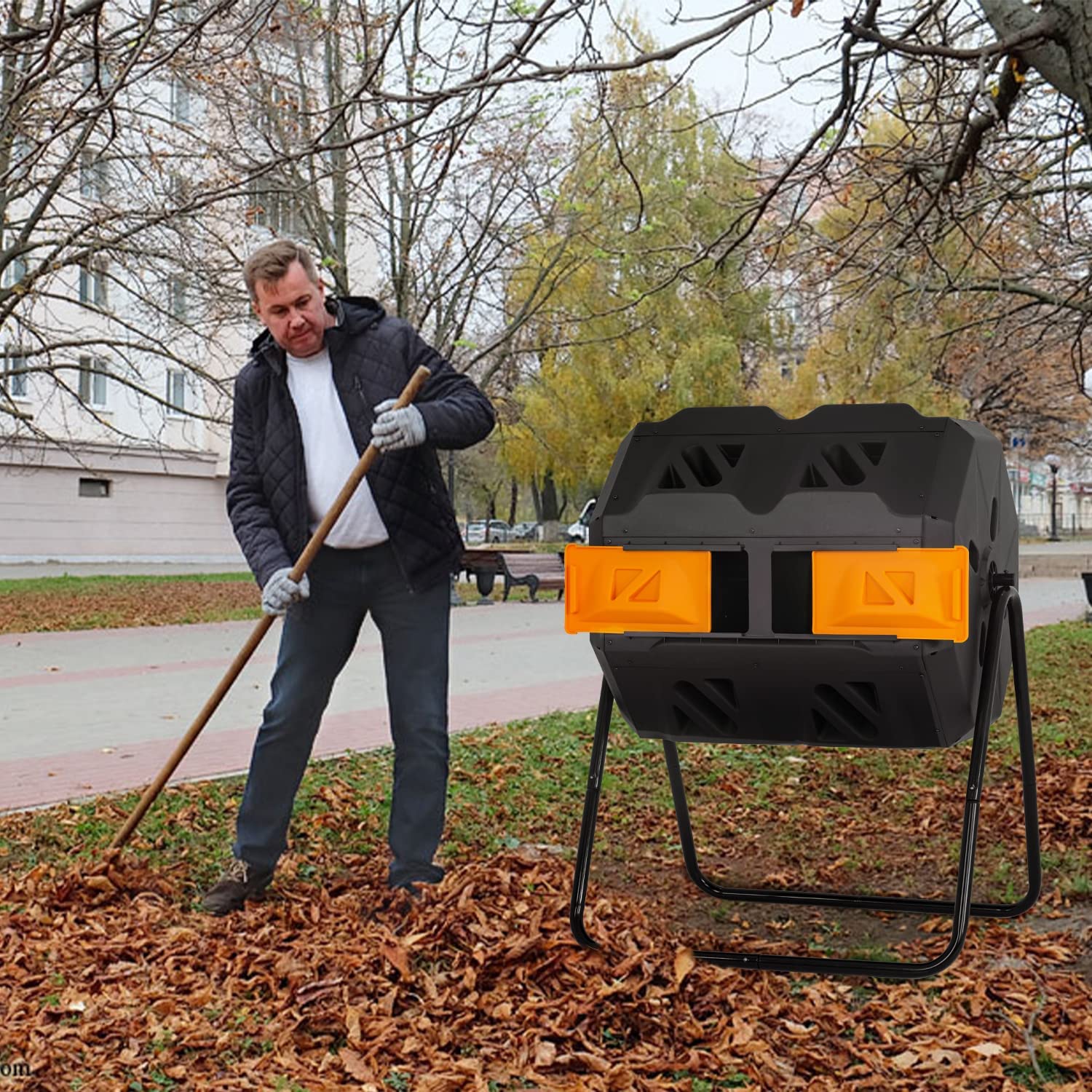 43 Gallon Compost Bin Outdoor Durable Tumbling Composting Bins w/ Dual Chamber Sliding Doors Compost Tumbler Large for Garden Patio Bucket Trash Can Orange Door