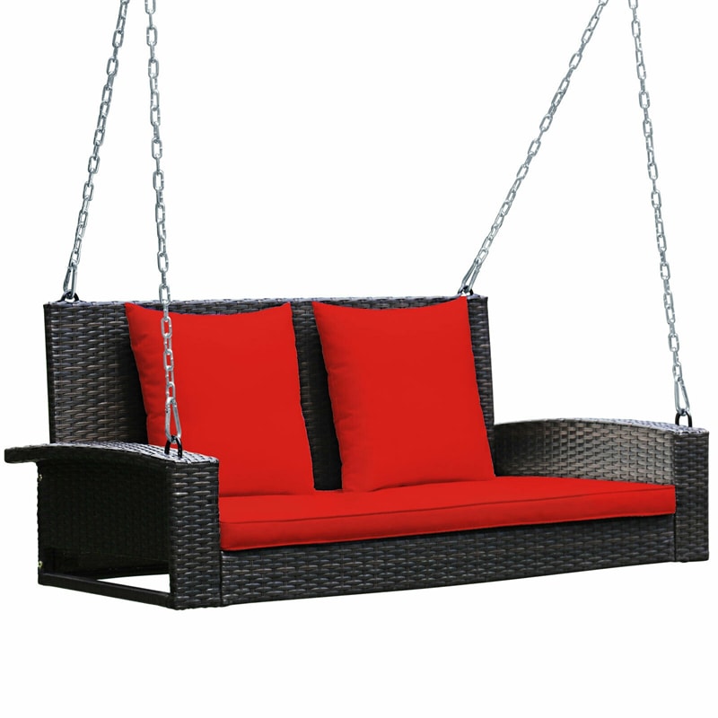 2-Person Outdoor Wicker Hanging Porch Swing Bench with Seat & Back Cushions