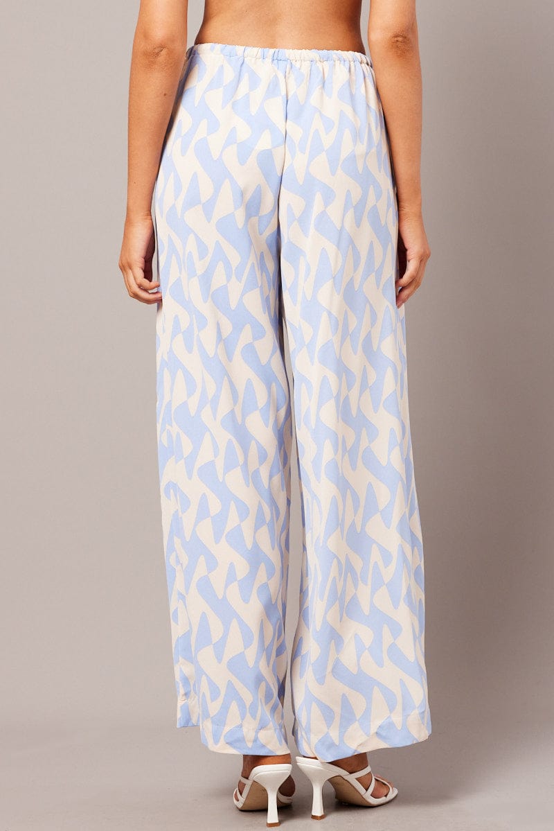 Blue Geo Wide Leg Pants High Rise