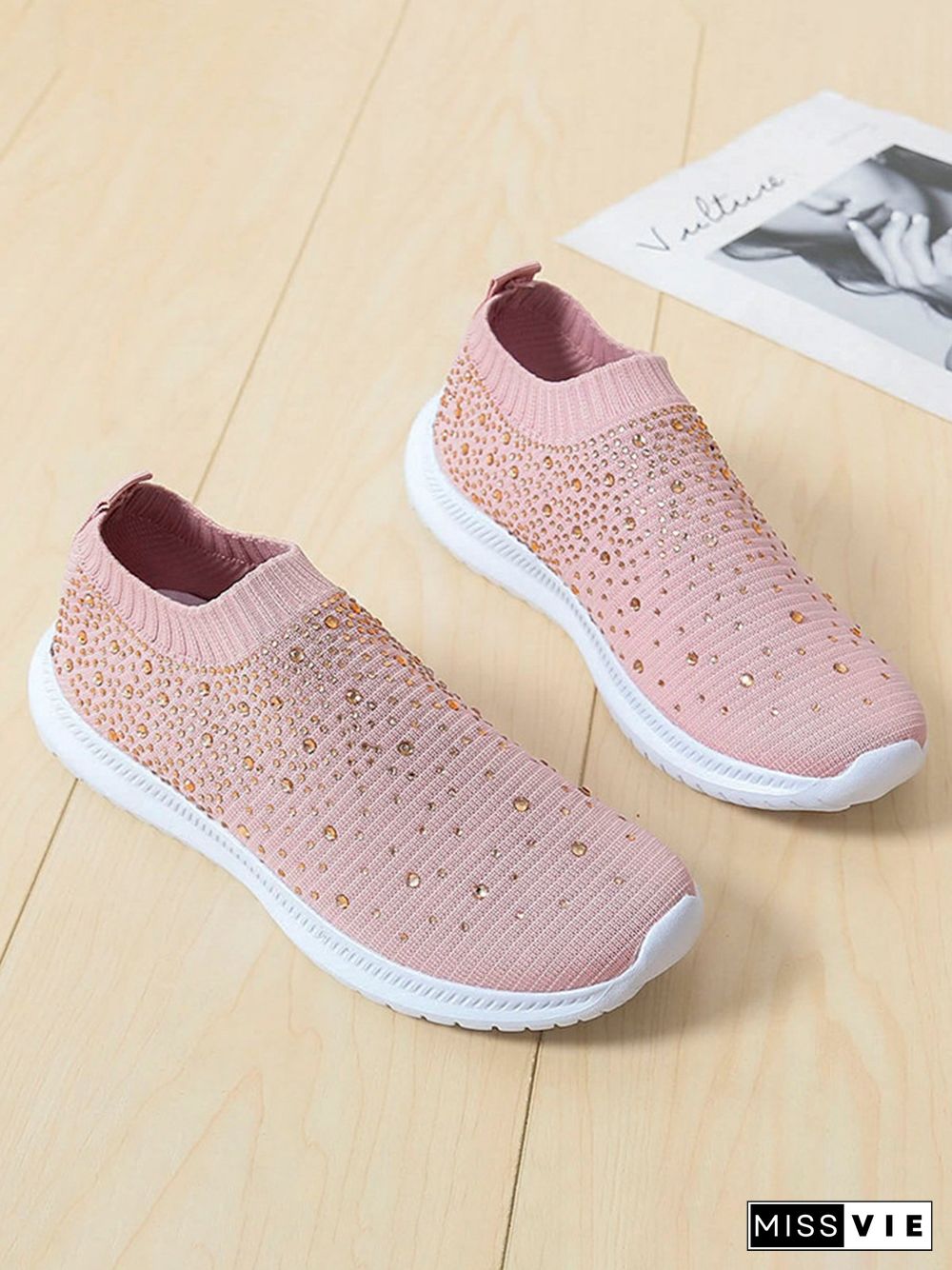 Rhinestone Design Portable Overfoot Lightweight Flyknit Sneakers