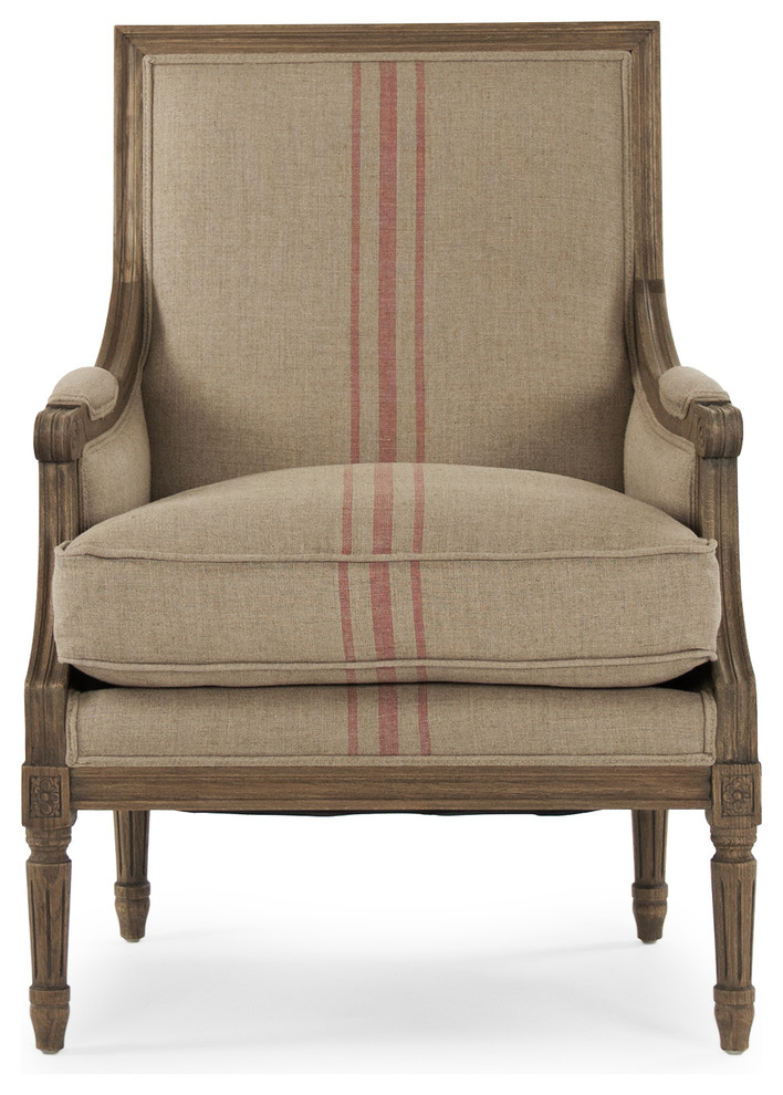 Louis Club Chair  English Khaki Linen With Red Stripe   Farmhouse   Armchairs And Accent Chairs   by HedgeApple  Houzz