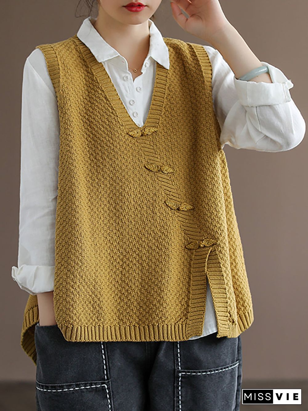 Plus Size Women Button Knitted Vest Waistcoat Sweater