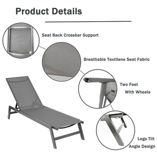 2-Pcs Set Chaise Lounge Chairs， Five-Position Adjustable Aluminum Recliner(Grey Frame/Dark Grey Fabric)