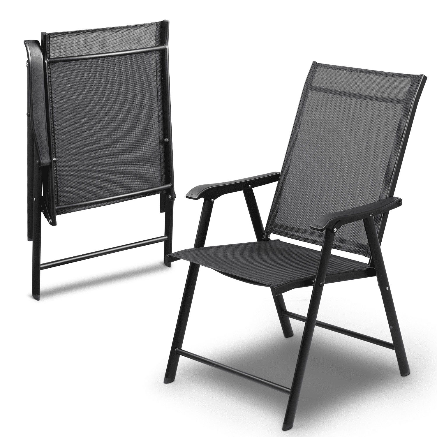 MoNiBloom 2 Pieces Foldable Metal Frame Patio Dining Chairs with High Backrest and Armrest, for Outdoor Garden, Black