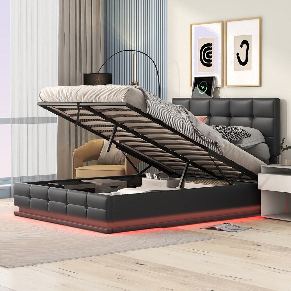 Modern Upholstered Storage Bed with LED Lights and USB charger